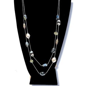 CHICO’S Blue/Gray Polished Stone Necklace w Crystal Fireball Accents | NWT